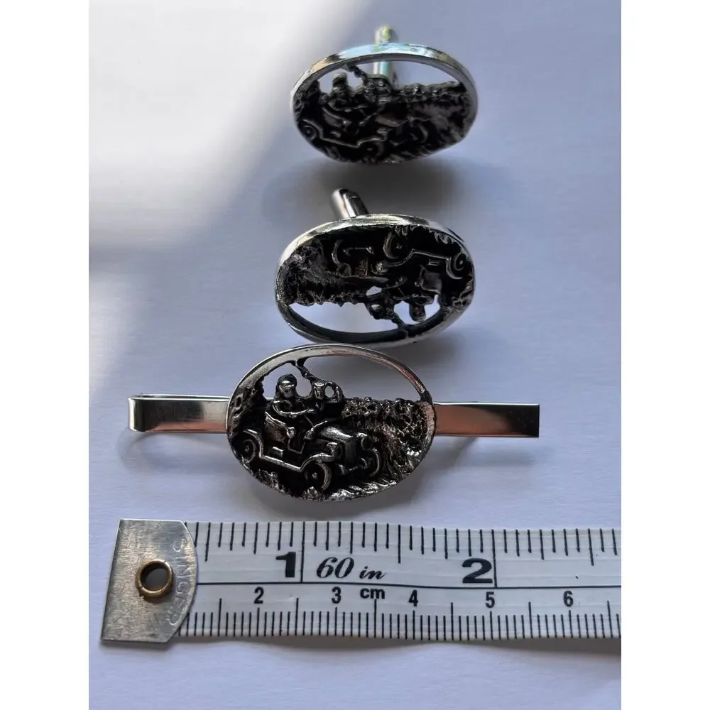 Vintage Cufflinks Tie Clip Set Antique Car Silver Tone Brass Era Novelty 3pc